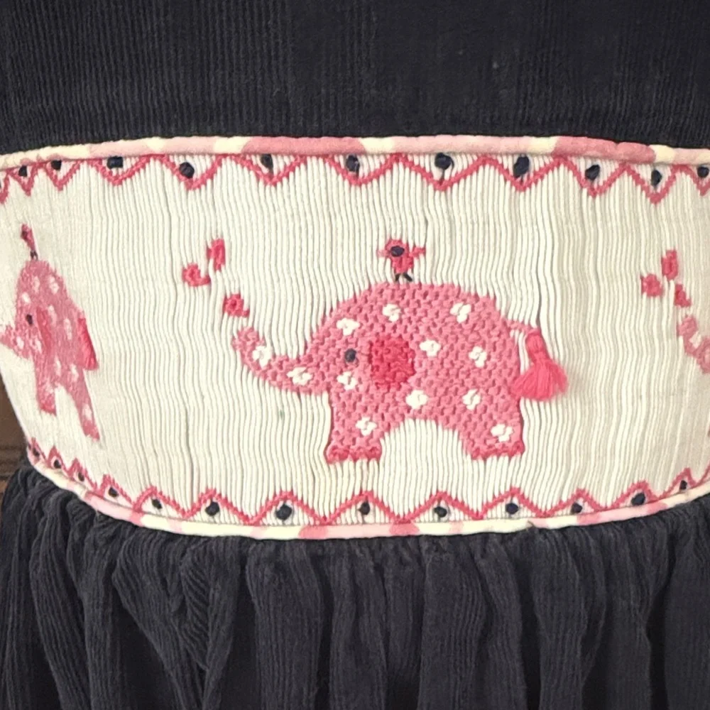 Shrimp & Grits Kids Elephant Applique Smocked Dress Girls 6 Navy Pink Tie Back B